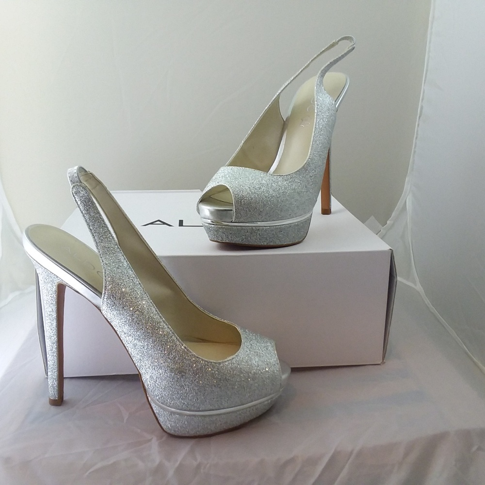 ALDO Silver Glitter Open-Toe Heels Mesiano-81 sz 8